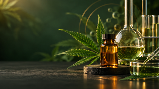 Feuilles de chanvre, verrerie ambrée et formes organiques illustrant la recherche sur le cannabimovone.