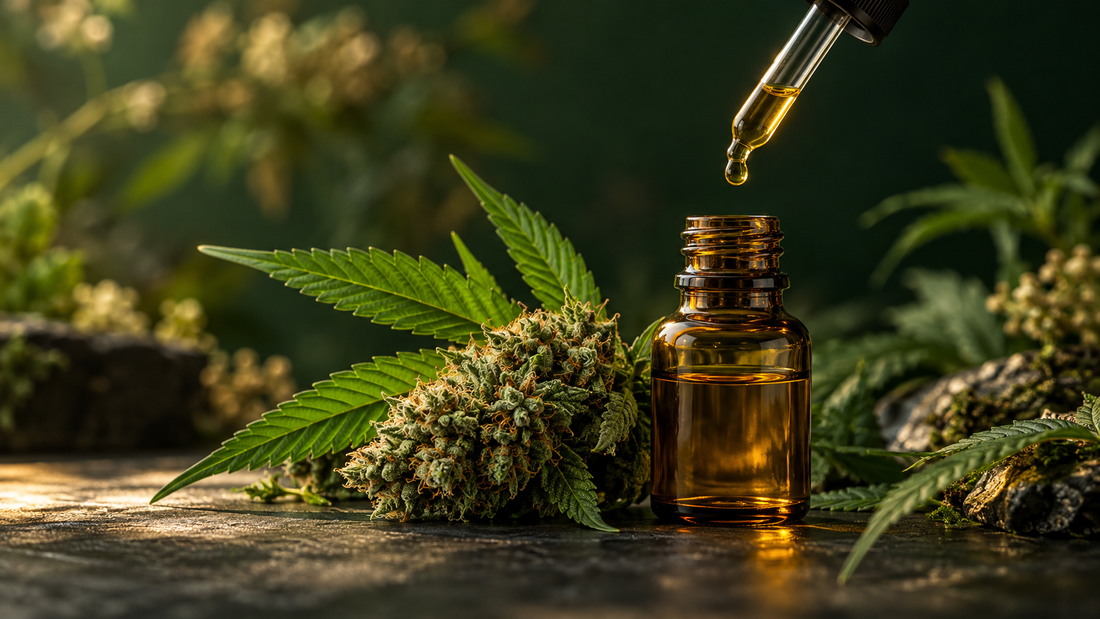 Fleur de chanvre et flacon ambré illustrant un article sur le CBC ou cannabichromène