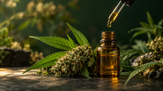 Fleur de chanvre et flacon ambré illustrant un article sur le CBC ou cannabichromène