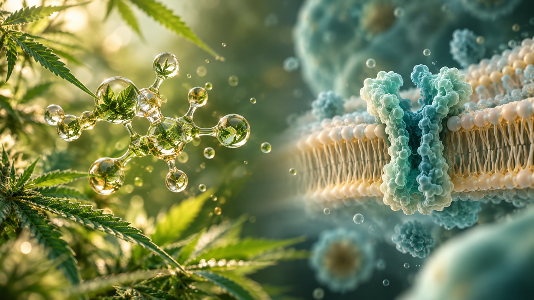 Feuilles de chanvre et représentation abstraite de la différence entre CBD et récepteur CB2