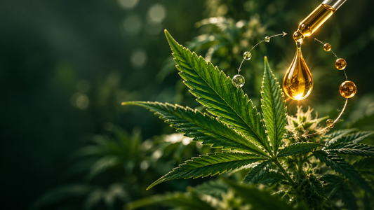 Feuille de chanvre et goutte ambrée illustrant la transformation du CBD en CBE.