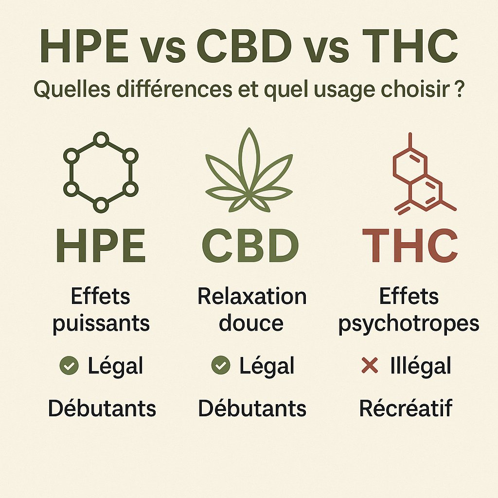 Comparatif HPE, CBD et THC : différences, effets et usages en 2025